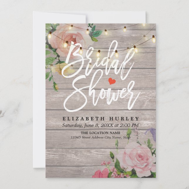 Rustic Wood Floral String Lights Bridal Shower Invitation (Front)