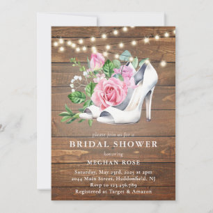 Rustic Wood Floral String Lights Bridal Shower Invitation