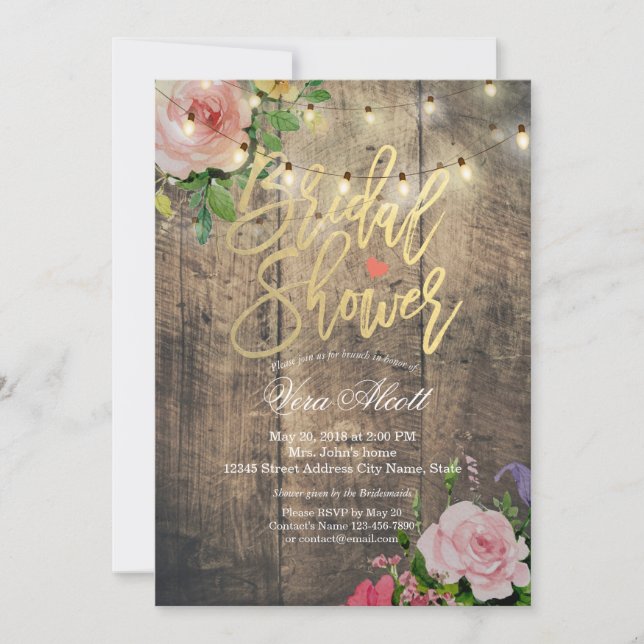 Rustic Wood Floral String Lights Bridal Shower Invitation (Front)