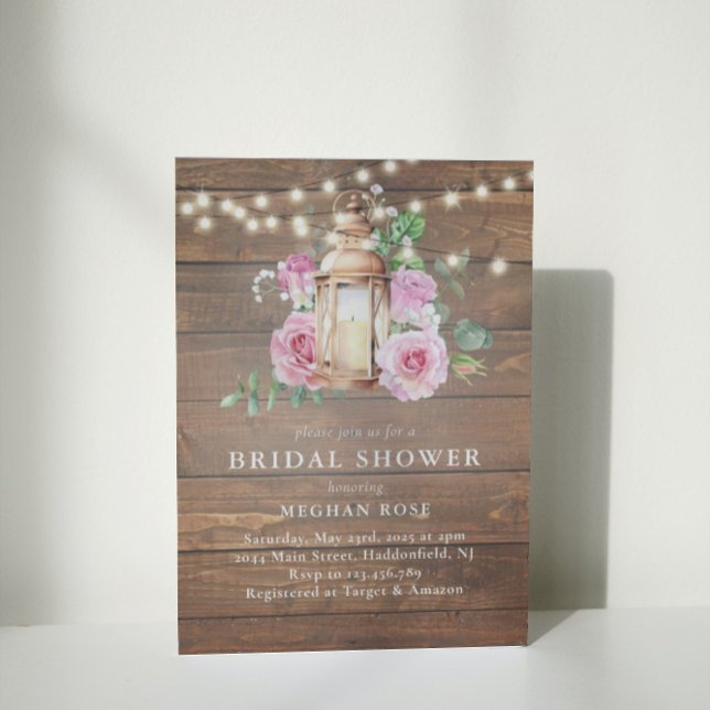 Rustic  Wood Floral String Lights Bridal Shower Invitation (Creator Uploaded)