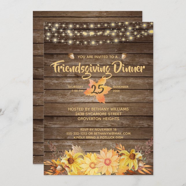 Rustic Wood Floral String Lights Friendsgiving Invitation (Front/Back)