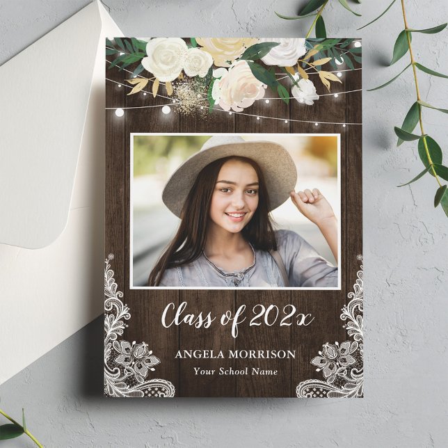 Rustic Wood Floral String Lights Graduation Party Invitation (Creator Uploaded)