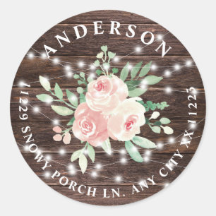 Rustic Wood Floral String Lights return address Classic Round Sticker