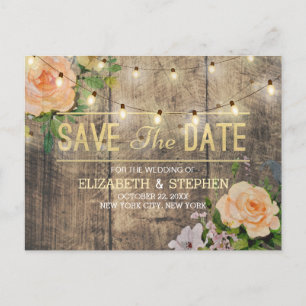 Rustic Wood Floral String Lights Save The Date Announcement Postcard