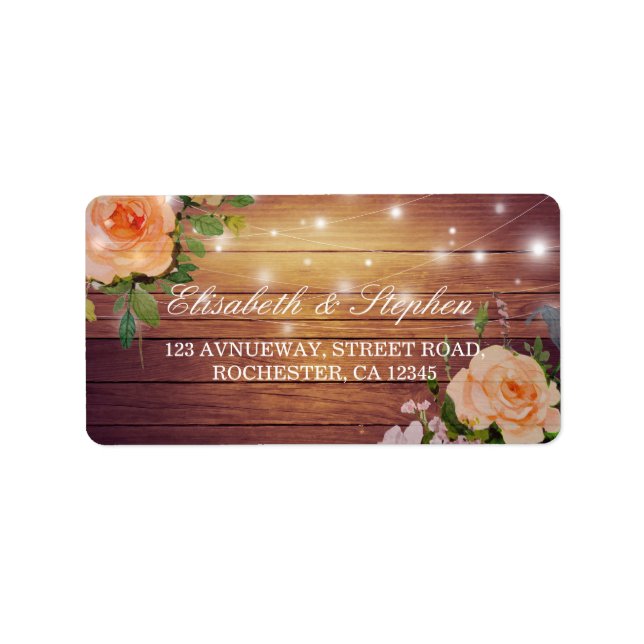 Rustic Wood Floral String Lights Wedding Address Label (Front)