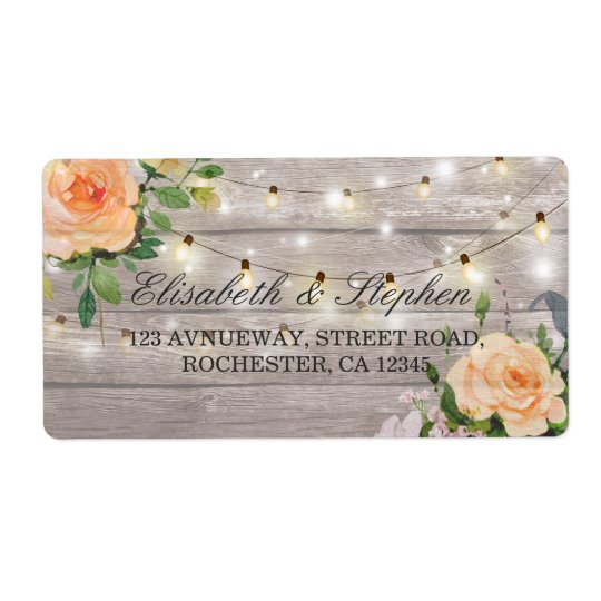 Rustic Wood Floral String Lights Wedding Address Shipping Label
