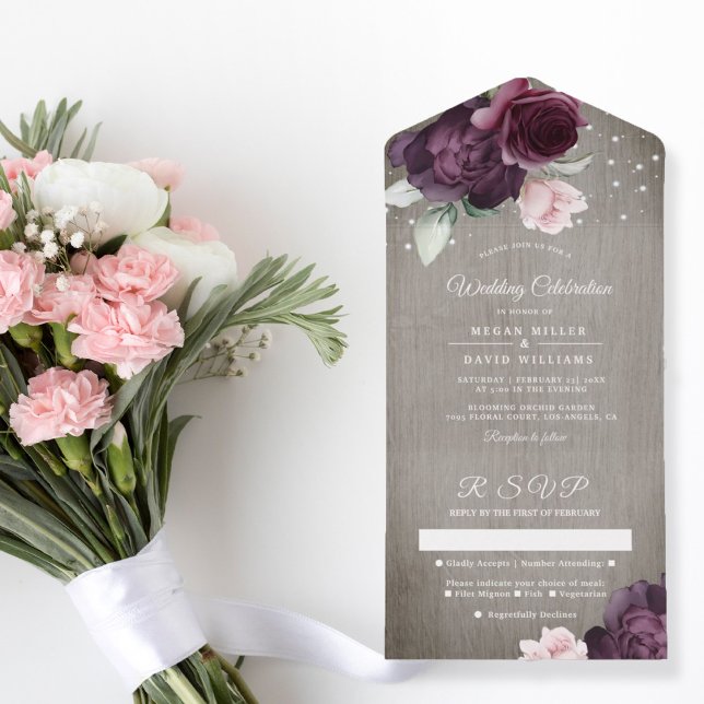Rustic Wood | Floral String Lights Wedding  All In One Invitation (Creator Uploaded)