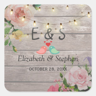 Rustic Wood Floral String Lights Wedding Favour Square Sticker