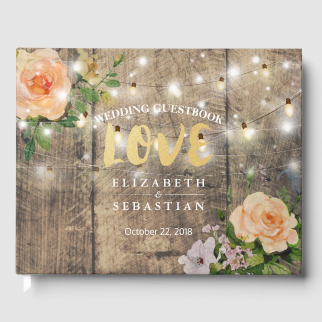 Rustic Wood Floral String Lights Wedding Guestbook (Front)