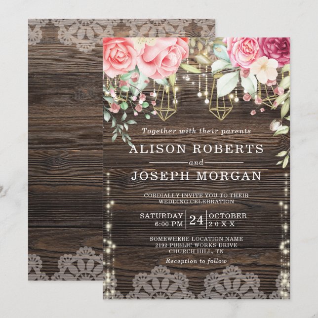 Rustic Wood Floral String lights Wedding Invitation (Front/Back)