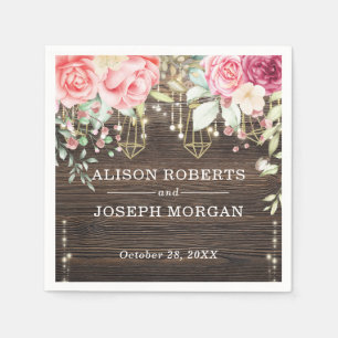 Rustic Wood Floral String lights Wedding Napkin
