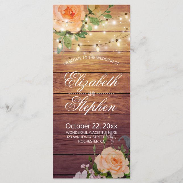 Rustic Wood Floral String Lights Wedding Program (Front)