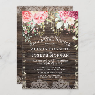 Rustic Wood Floral String lights Wedding Rehearsal Invitation