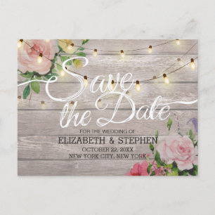 Rustic Wood Floral String Lights Wedding Save Date Announcement Postcard