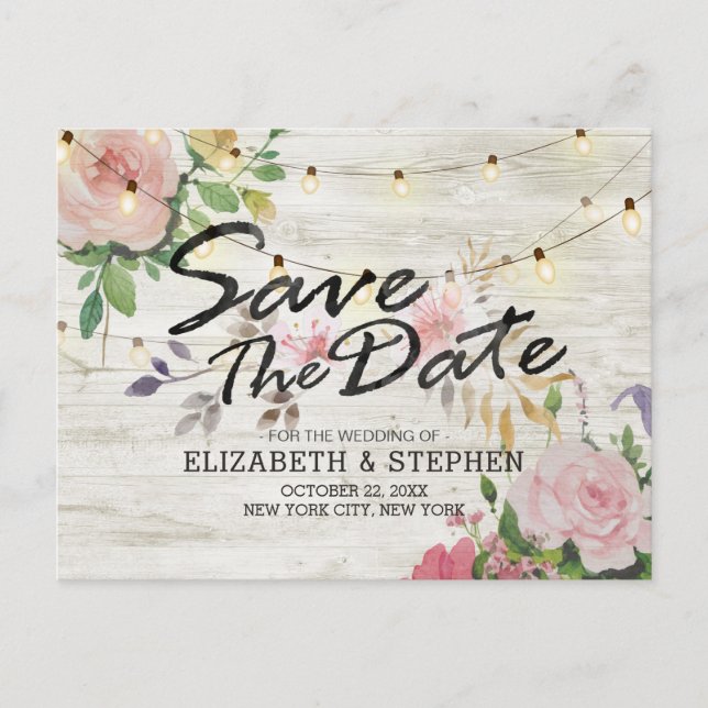 Rustic Wood Floral String Lights Wedding Save Date Announcement Postcard (Front)
