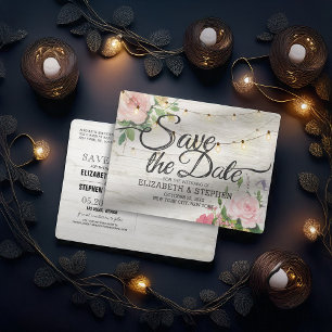 Rustic Wood Floral String Lights Wedding Save Date Announcement Postcard