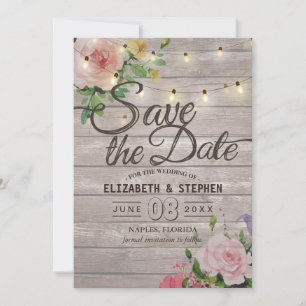 Rustic Wood Floral String Lights Wedding Save Date Save The Date
