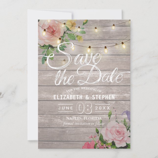 Rustic Wood Floral String Lights Wedding Save Date Save The Date (Front)