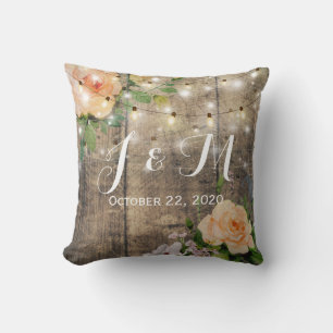 Rustic Wood Floral String Lights Wedding Shower Cushion