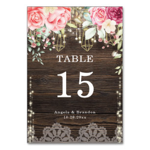Rustic Wood Floral String lights Wedding Table Number