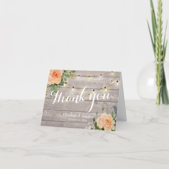 Rustic Wood Floral String Lights Wedding Thank You (Front)