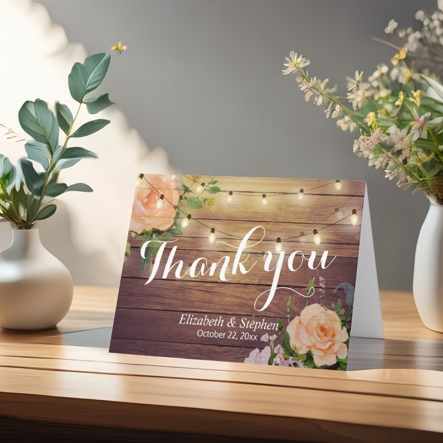 Rustic Wood Floral String Lights Wedding Thank You (Creator Uploaded)