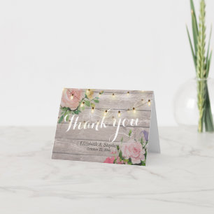 Rustic Wood Floral String Lights Wedding Thank You Card