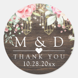 Rustic Wood Floral String lights Wedding Thank you Classic Round Sticker