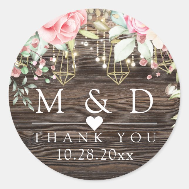 Rustic Wood Floral String lights Wedding Thank you Classic Round Sticker (Front)