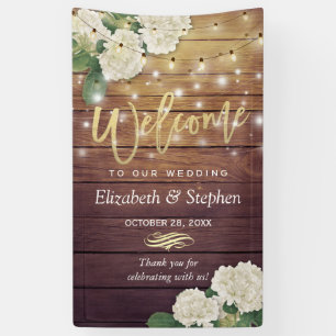 Rustic Wood Floral String Lights Wedding Welcome Banner