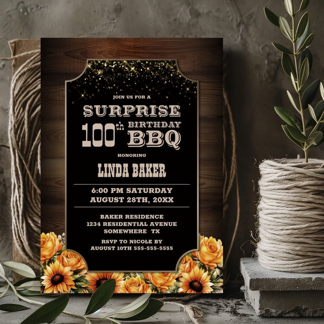 Rustic Wood Floral Surprise 100th Birthday BBQ Invitation (Creator Uploaded)