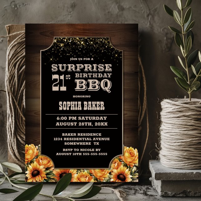 Rustic Wood Floral Surprise 21st Birthday BBQ Invitation (Creator Uploaded)