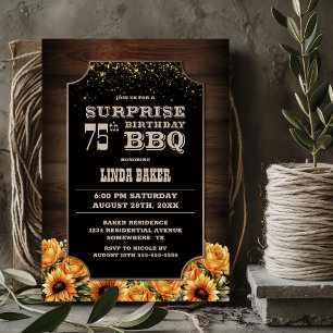 Rustic Wood Floral Surprise 75th Birthday BBQ Invitation