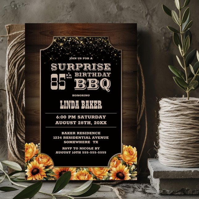 Rustic Wood Floral Surprise 85th Birthday BBQ Invitation (Creator Uploaded)
