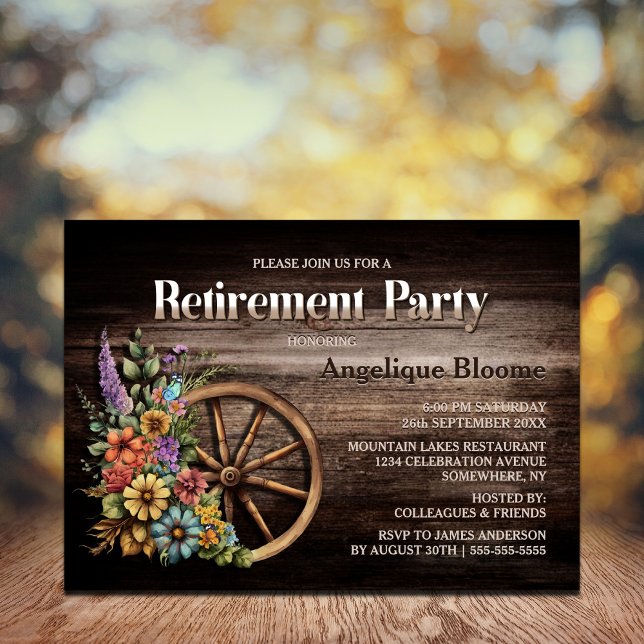 Rustic Wood Floral Wagon Wheel Retirement Party Invitation (Creator Uploaded)