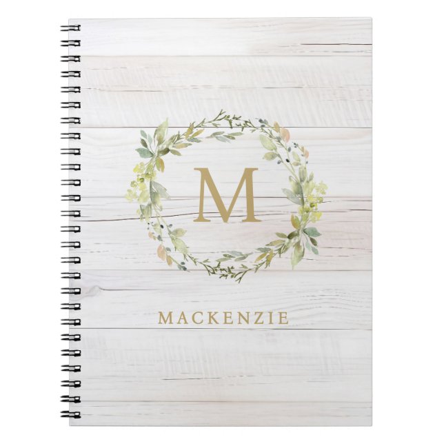 Rustic Wood Floral Watercolor Monogram Notebook (Front)