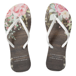 Rustic Wood Floral Wedding Personalised Thongs