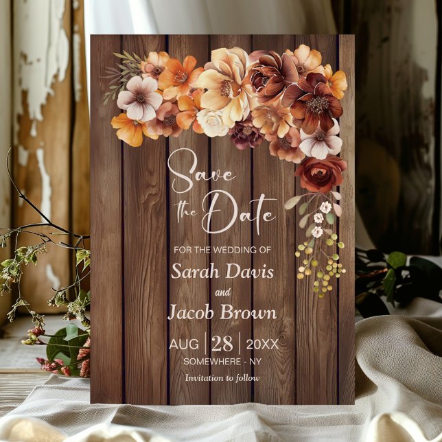 Rustic Wood Floral Wedding Save the Date Invitation (Creator Uploaded)