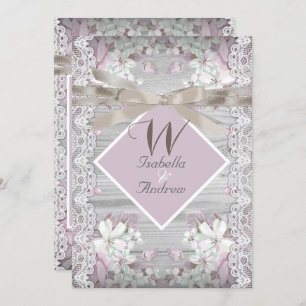 Rustic Wood Floral Wedding White Lace Pink Invitation