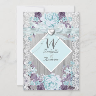 Rustic Wood Floral Wedding White Lace Teal Blue Invitation