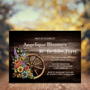 Rustic Wood Floral Western 18th Birthday Invitation