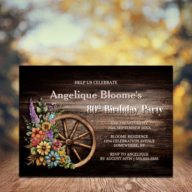 Rustic Wood Floral Western 80th Birthday Invitation (Creator Uploaded)