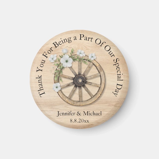 rustic wood floral wheel thank you western wedding magnet (Front)
