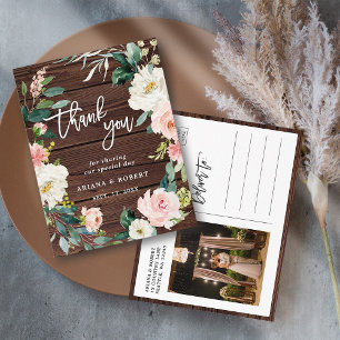 Rustic Wood Floral Wreath Photo Thank You Postcard