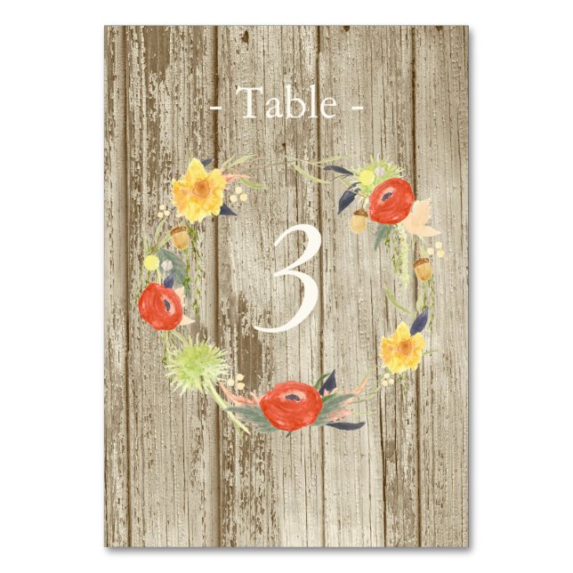 Rustic Wood Floral Wreath Wedding Table Table Number (Front)