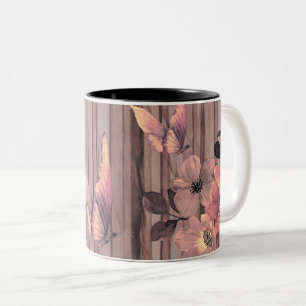 Rustic Wood Flowers and Butterflies  Two-Tone Coffee Mug