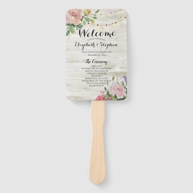 Rustic Wood Flowers String Lights Wedding Programs Hand Fan (Front)