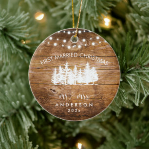 Rustic Wood Forest Lights First Married Christmas Ceramic Ornament
