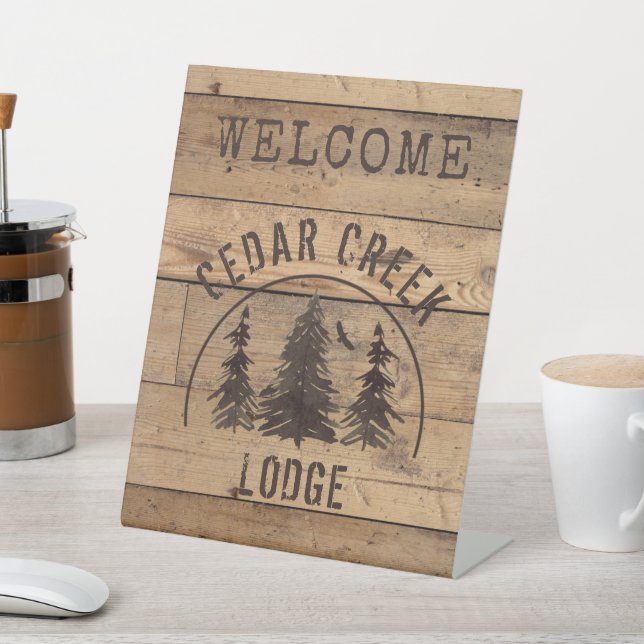 Rustic Wood Forest Trees Personalised Welcome Pedestal Sign (In SItu)