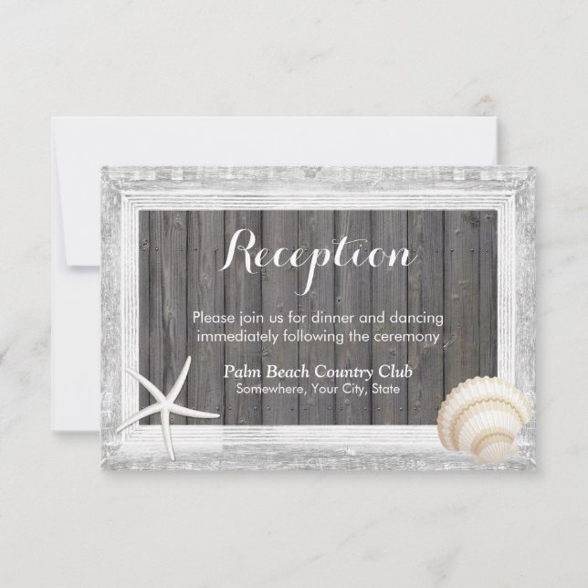 Rustic Wood Frame Seashell Beach Wedding Reception Invitation (Front)
